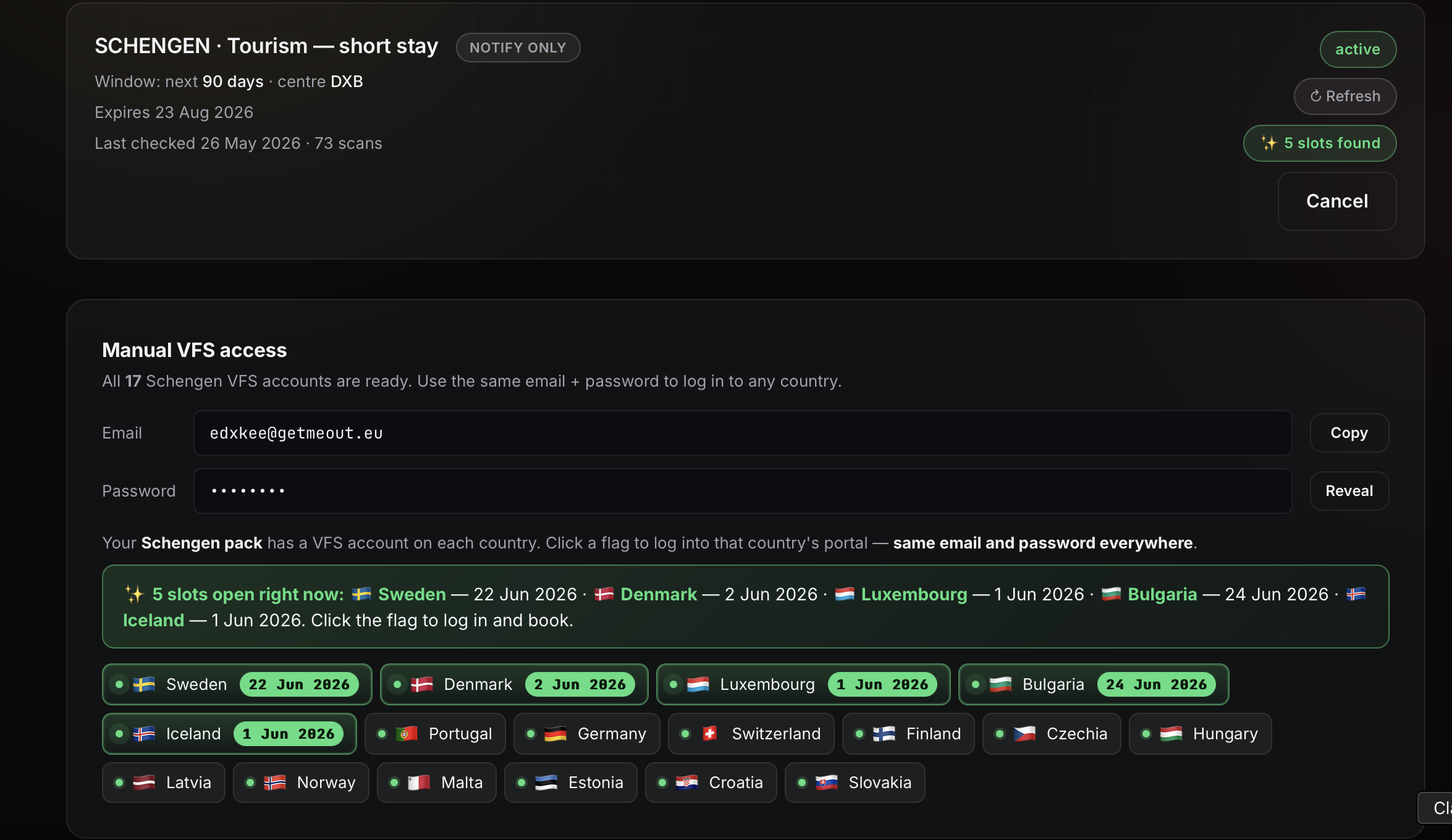 GetMeOut dashboard showing a Schengen watch with 5 open slots: Sweden 22 Jun 2026, Denmark 2 Jun 2026, Luxembourg 1 Jun 2026, Bulgaria 24 Jun 2026, Iceland 1 Jun 2026, plus a per-country VFS account grid.